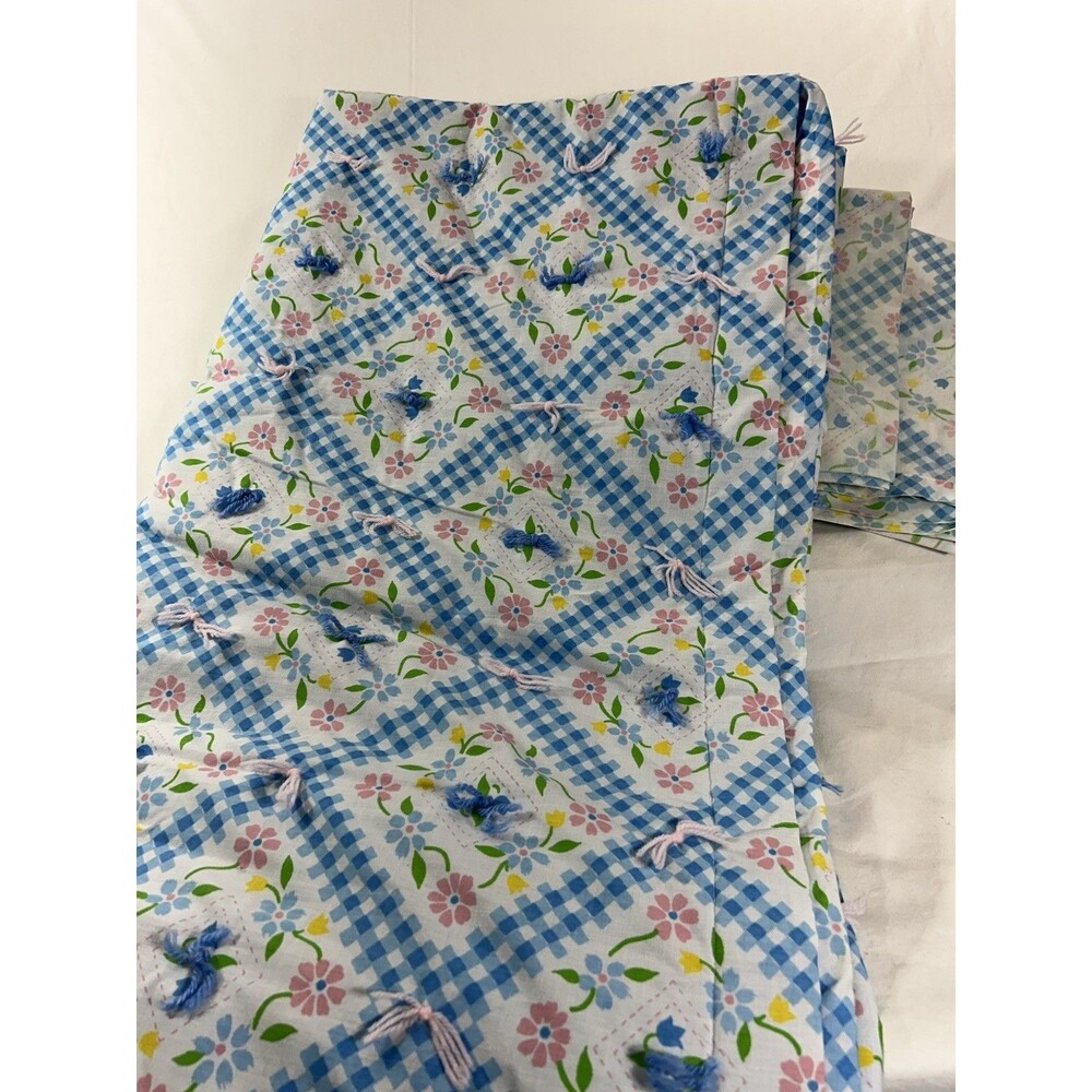 Vintage Sears Abigail's Garden Full Bedding Set Blue Floral Checker Quilt Sheets